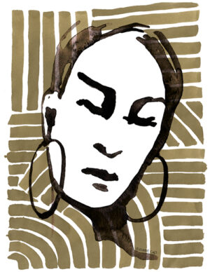 Illustratief portret van een abstracte vrouw in aquarel over een streeppatroon in gekleurde inkt gemaakt door Yvonne Cup ©. Dit kunstwerk kan als digitale artprint worden besteld als poster voor in je interieur of exterieur.