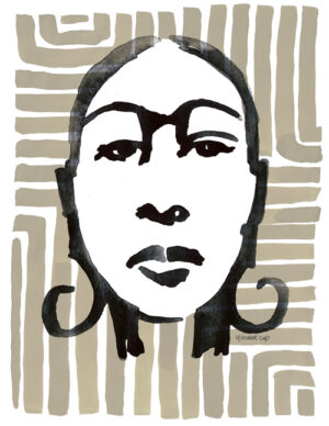 Illustratief portret van een abstracte vrouw in aquarel over een streeppatroon in gekleurde inkt gemaakt door Yvonne Cup ©. Dit kunstwerk kan als digitale artprint worden besteld als poster voor in je interieur of exterieur.