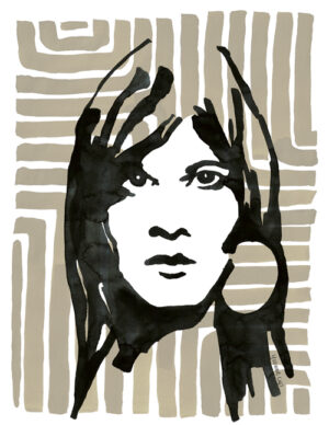 Illustratief portret van een abstracte vrouw in aquarel over een streeppatroon in gekleurde inkt gemaakt door Yvonne Cup ©. Dit kunstwerk kan als digitale artprint worden besteld als poster voor in je interieur of exterieur.