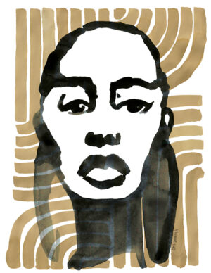 Illustratief portret van een abstracte vrouw in aquarel over een streeppatroon in gekleurde inkt gemaakt door Yvonne Cup ©. Dit kunstwerk kan als digitale artprint worden besteld als poster voor in je interieur of exterieur.