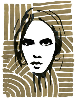 Illustratief portret van een abstracte vrouw in aquarel over een streeppatroon in gekleurde inkt gemaakt door Yvonne Cup ©. Dit kunstwerk kan als digitale artprint worden besteld als poster voor in je interieur of exterieur.