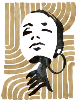 Illustratief portret van een abstracte vrouw in aquarel over een streeppatroon in gekleurde inkt gemaakt door Yvonne Cup ©. Dit kunstwerk kan als digitale artprint worden besteld als poster voor in je interieur of exterieur.