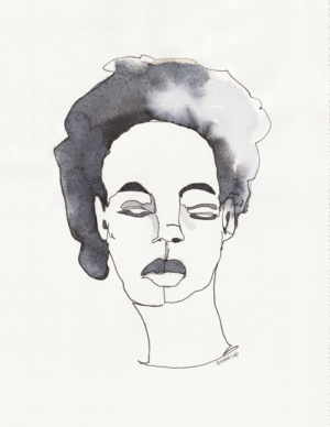 Illustratief portret van een abstracte vrouw in aquarel en fineliner gemaakt door Yvonne Cup ©. Dit kunstwerk kan als digitale artprint worden besteld als poster voor in je interieur of exterieur.