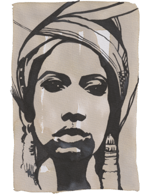 Gipsy vrouwenportret in inkt en kan als digitale artprint worden besteld als poster voor in je interieur of exterieur.